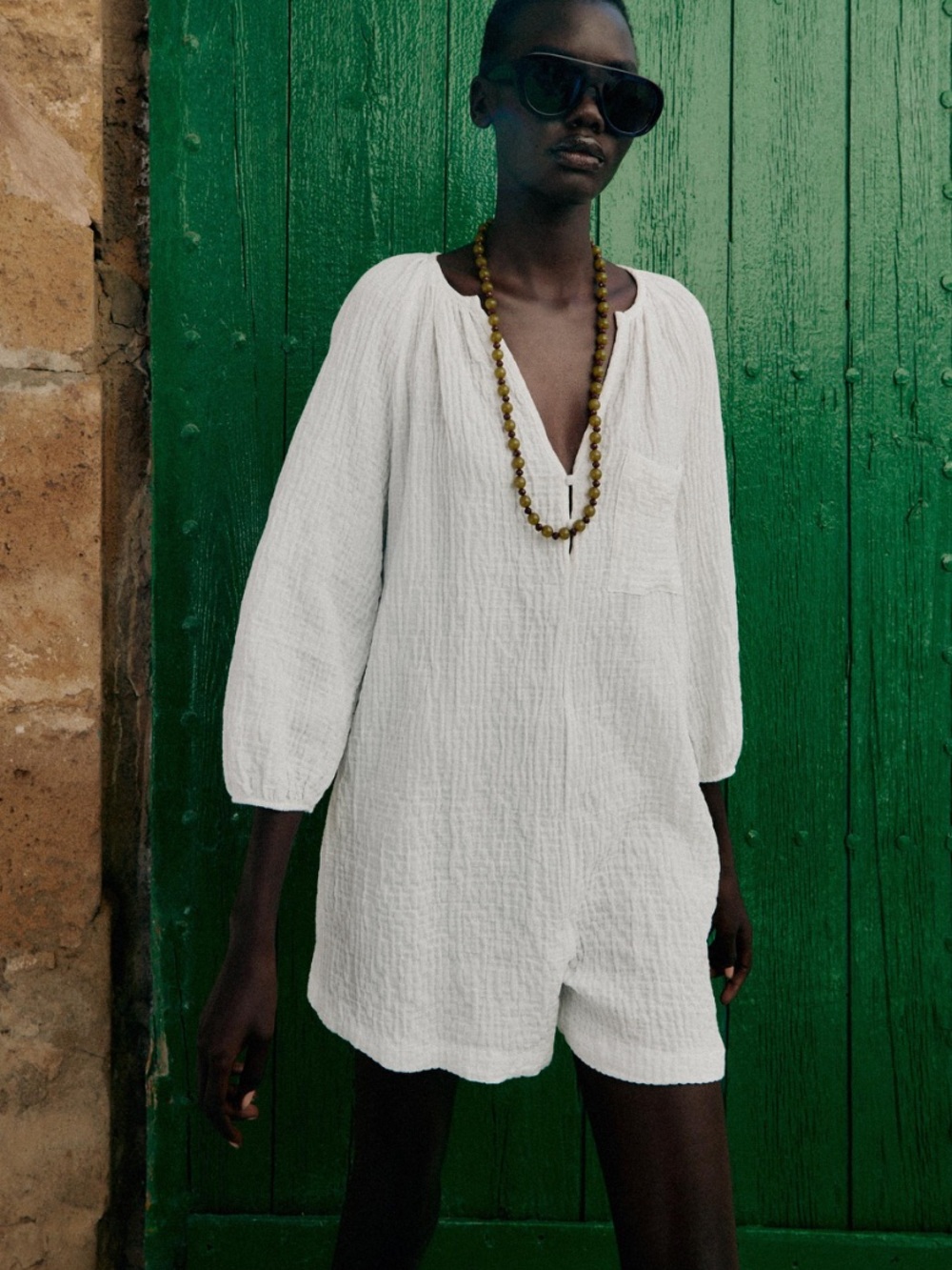 Zara White Textured Cotton Tunic Romper